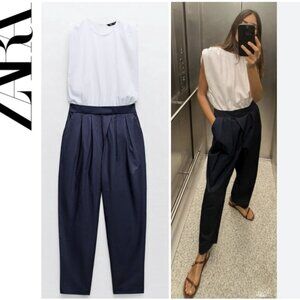 NWT ZARA MIXED POPLIN FULL LENGTH JUMPSUIT NAVY / WHITE